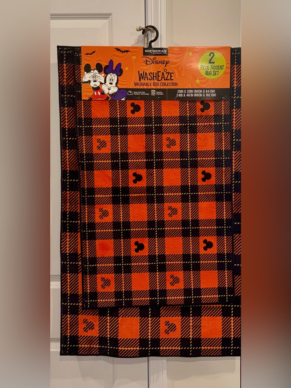 Disney Orange & Black Plaid Halloween Washable 2 Rug Set with Mickey Accents